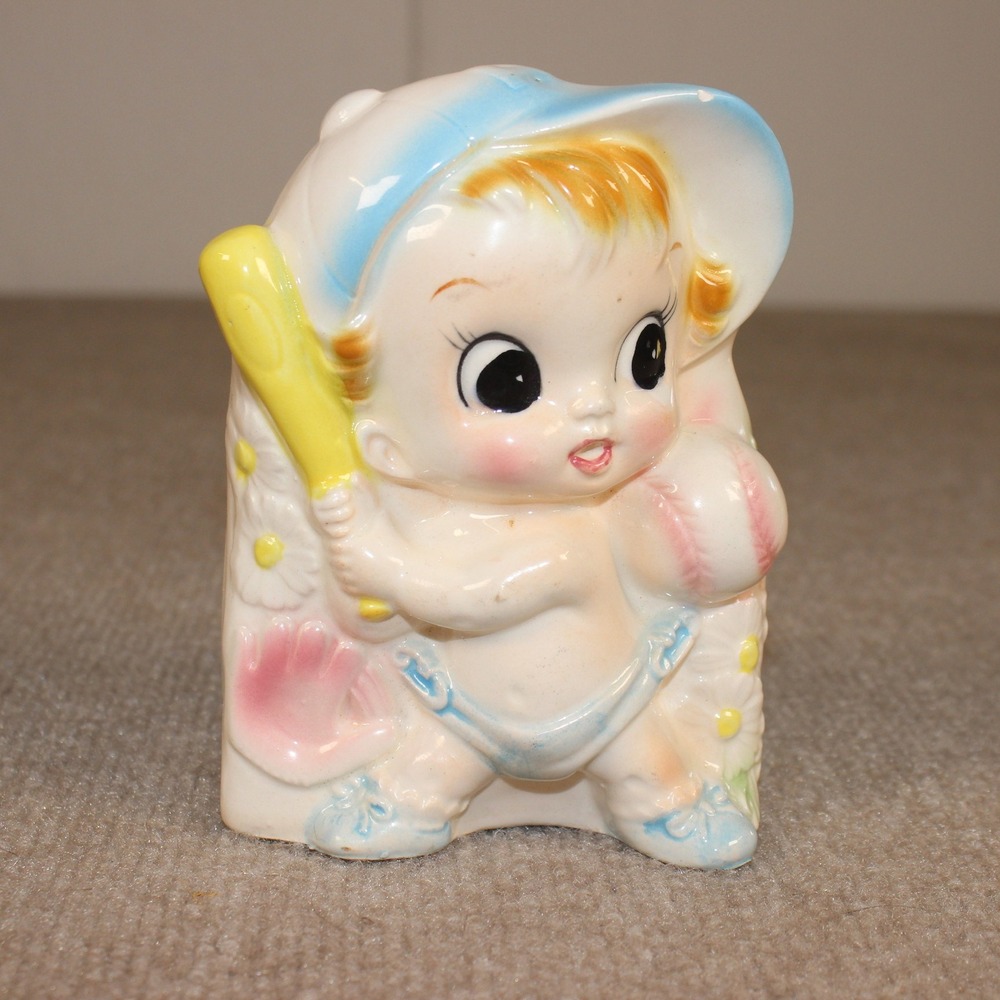 Vintage Ardco Baseball Nursery Planter Vase Rare Ceramic Baby Boy Japan 5.5in